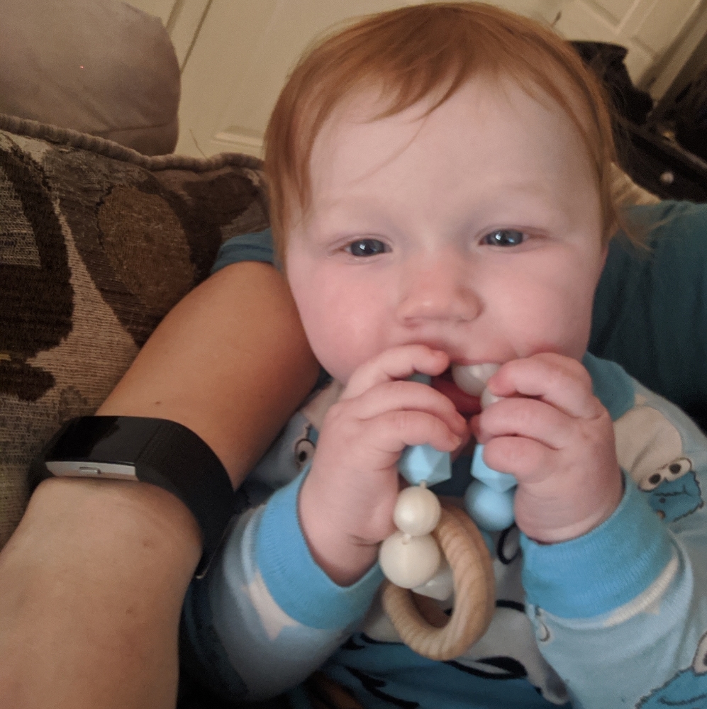 Blue white teething bracelet wooden rings baby boy - Picture 3 of 6